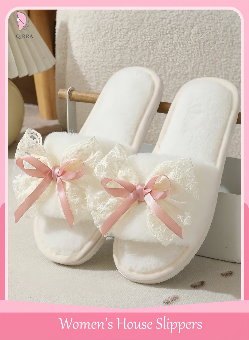 QIRRA House Slippers for Women, Plush Bedroom Slippers with Lace Bow, Warm Indoor Non-slip House Shoes - Image 1